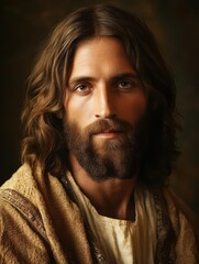 Fototapeta premium Timeless Portrait of Jesus Christ in Humble Attire Exuding Profound Wisdom and Compassion as He Gazes Intently with Gentle, Soulful Eyes
