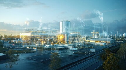 Industrial Area with Network Graphics: A dynamic image of an industrial area enhanced with network graphics, emphasizing the connectivity and efficiency of modern industrial operations.