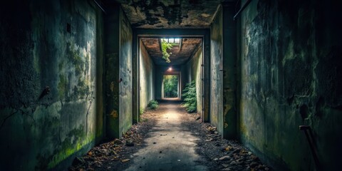 Obraz premium Dark Corridor Leading to Mysterious Abandoned Entrance, secluded area