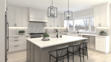 A modern open-concept kitchen with warm yet bright lighting for a welcoming feel.