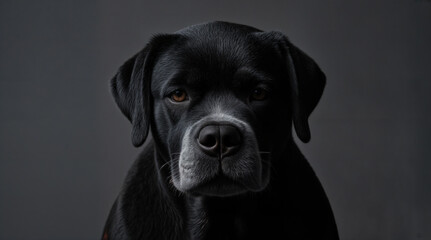 Fototapeta premium a black dog with a black background. The dog's fur is uniformly black, and it has a calm and focused expression.