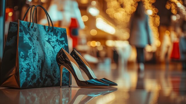 High heels and shopping bag in a blurry store