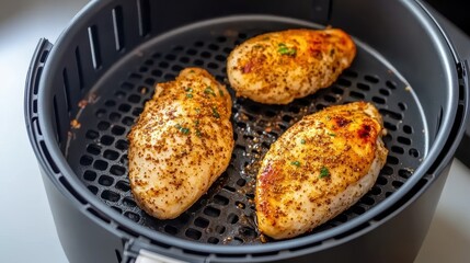 Crispy Seasoned Chicken Breasts Cooking in Air Fryer With Flavorful Spices and Herbs