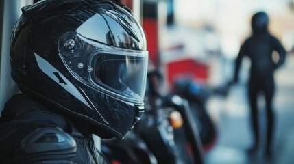 Fototapeta premium Motorcycle helmet resting, urban setting, blurred background