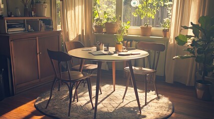 Obraz premium A multi-purpose round dining table used as a workspace in a small home.