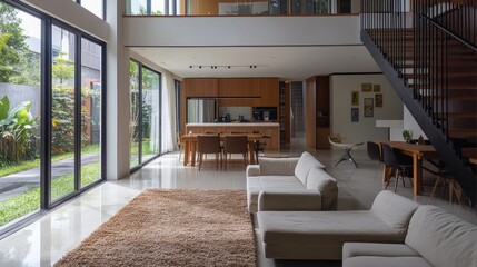 A muted brown area rug on a polished concrete floor in a modern home.