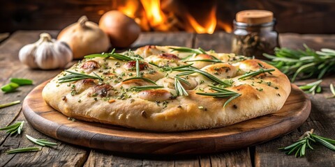 Crusty Italian focaccia bread topped with fragrant rosemary sprigs and minced garlic, freshly baked in a wood-fired oven