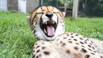 Yawning Cheetah Relaxing on Grass