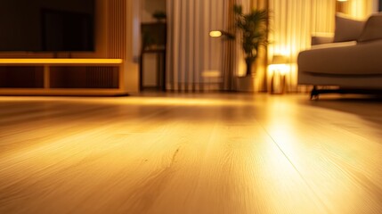Fototapeta premium A newly installed SPC vinyl floor reflecting soft ambient light, showcasing its modern and durable finish.