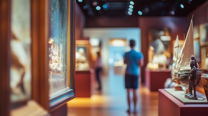 Museum visitor viewing historical artifacts and sculptures