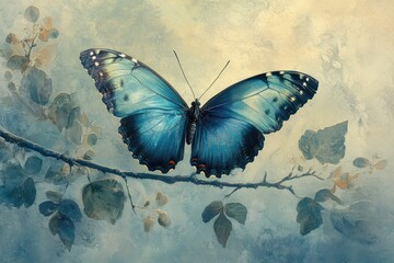 A serene painting of a vibrant blue morpho butterfly delicately perched on a branch amidst soft, pastel leaves.