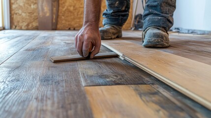 A professional technician removing swollen floorboards with a pry bar, preparing for replacement.