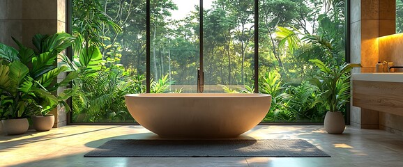 Modern bathroom with freestanding tub and lush jungle view
