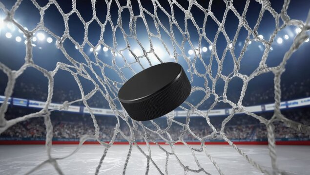 Hockey puck scoring a goal ice rink sports action stadium
