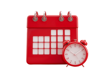 3d Red Calendar with clock icon on isolated purple background. Reminder notification or Time management concept. Website Ui design icon. Minimal 3d cartoon red calendar time zone icon. 3d render. 