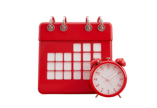 3d Red Calendar with clock icon on isolated purple background. Reminder notification or Time management concept. Website Ui design icon. Minimal 3d cartoon red calendar time zone icon. 3d render. 