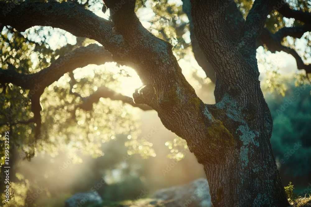 Poster sunlight filters through the branches of an ancient oak tree, creating a magical, serene atmosphere.