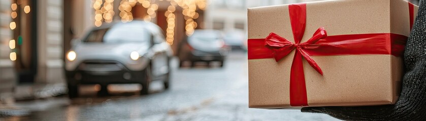 Gift on city street at winter