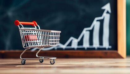 Shopping cart, rising graph, financial growth, retail success, market trends, consumer confidence, economic indicators, miniature