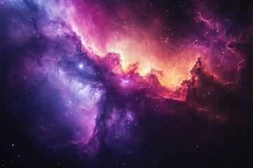 A vibrant nebula showcases swirling clouds of purple, pink, and orange gas and dust, speckled with countless stars.