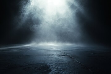 Misty spotlight illuminates a dark concrete stage or floor