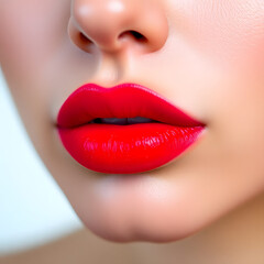 Obraz premium Red lipstick, close-up of glossy bright pink lips 