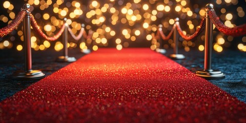 Red carpet entrance adorned with sparkling lights and velvet ropes creates an inviting atmosphere for special events