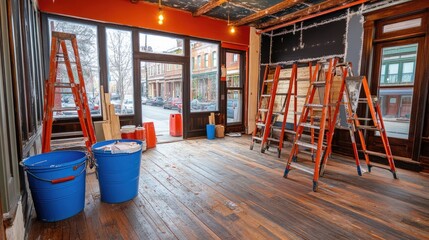 A room under renovation with ladders and paint buckets ready for ceiling restoration.