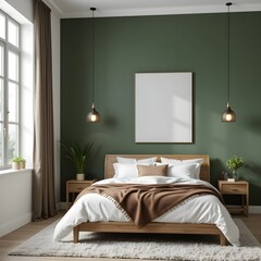 Modern bedroom interior with green wall. Wooden bed with white bedding, brown blanket. Stylish pendant lamps hang above bed. Two small plants add touch of nature. Comfortable atmosphere in cosy room. 
