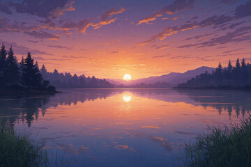 Obraz premium Calm lake at dusk with orange to purple sky and magical misty glow in detailed anime style