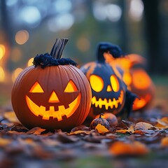 Obraz premium Halloween Jack-o'-lanterns in Autumn Leaves