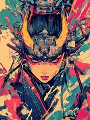 Obraz premium Vivid Retro Anime Samurai Devil Girl Exuding Bold Rebellion and Fiery Elegance with Striking Character Portraits in a Colorful Dynamic World
