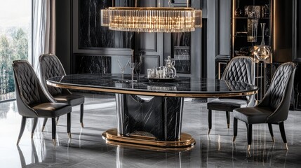 A round-edged oval dining table with plush chairs in a stylish home.