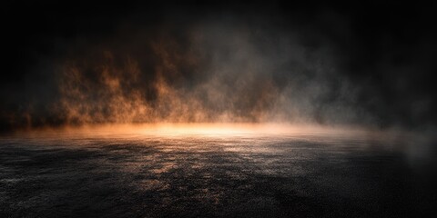 Fototapeta premium Smoke hangs over a wet and reflective dark surface