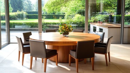 Fototapeta premium A round dining table in a cozy, well-spaced modern kitchen.