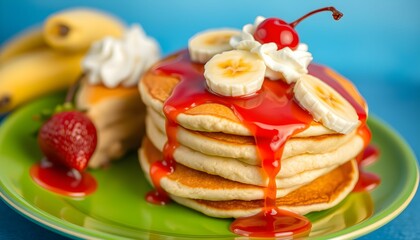 Fluffy pancakes, strawberry syrup, whipped cream, fresh strawberries, sliced bananas, cherry on top, green plate, blue background, vibrant colors, appetizing breakfast, food photography