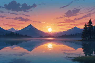 Obraz premium Mystical sunset at a tranquil lake with mountain reflections and soft mist in anime style