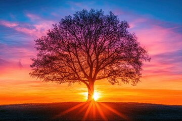 Fototapeta premium Silhouette of a majestic tree at sunset, vibrant colors fill the sky, creating a serene and peaceful scene.