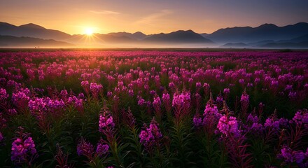 Obraz premium sunset over A breathtaking view of an expansive lavender field under a setting sun, evoking feelings of peace, serenity, and appreciation for nature's beauty and vastness.