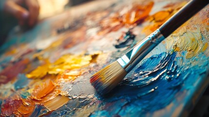 Obraz premium Artist's paintbrush on vibrant oil palette