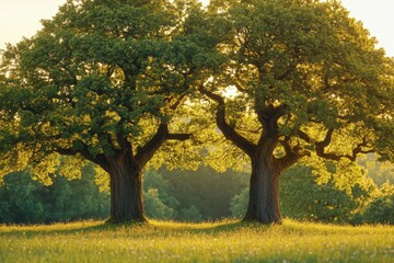 Two majestic oak trees stand side-by-side in a sunlit meadow, a serene and peaceful scene.