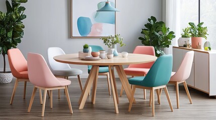 Fototapeta premium A Scandinavian-inspired round dining table with pastel-colored chairs.