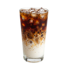 Refreshing iced coffee in a tall glass featuring layers of dark espresso creamy milk and ice cubes perfect for summer vibes
