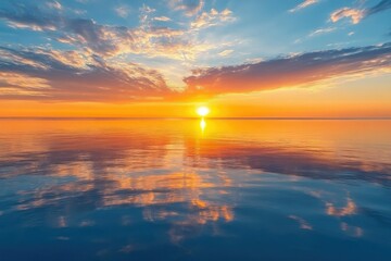 Obraz premium Serene sunset over calm ocean waters, reflecting vibrant colors of the sky.