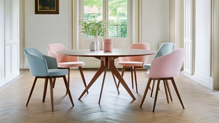 Fototapeta premium A Scandinavian-inspired round dining table with pastel-colored chairs.