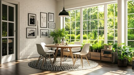 A Scandinavian-style dining area with a round table and soft natural light.