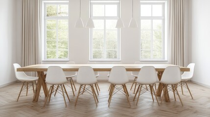 Obraz premium A Scandinavian-style dining room with a wooden table and white chairs.
