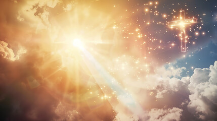 Fototapeta premium with the Christian cross,Stairway to heaven in heavenly concept. Religion background. Stairway to paradise in a spiritual concept. Stairway to light in spiritual fantasy.