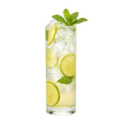 Refreshing iced lemonade in a frosty glass with lemon slices ice cubes and mint sprig isolated on white