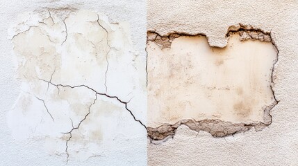 Obraz premium A side-by-side comparison of a cracked wall before and after proper plastering.